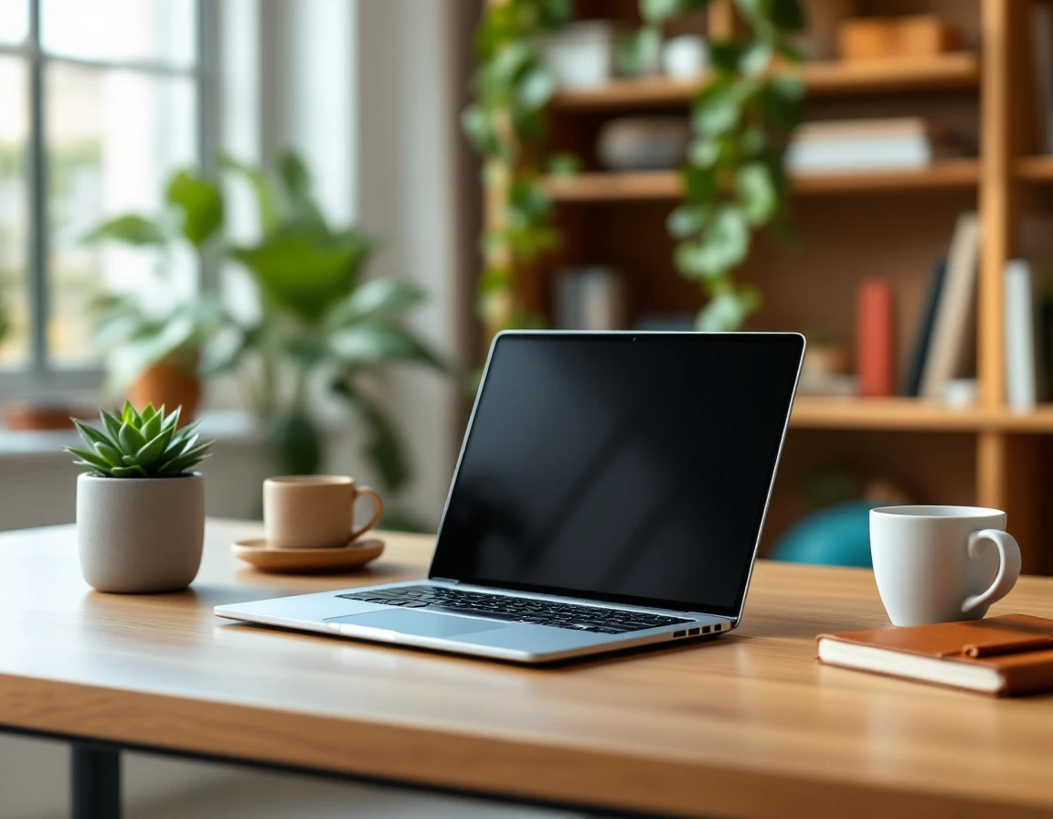 Organized professional workspace with closed laptop, coffee mug, and plant on wooden desk