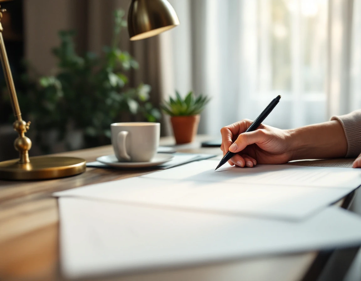 Business owner's hand writing on blank papers at organized desk with coffee and desk lamp