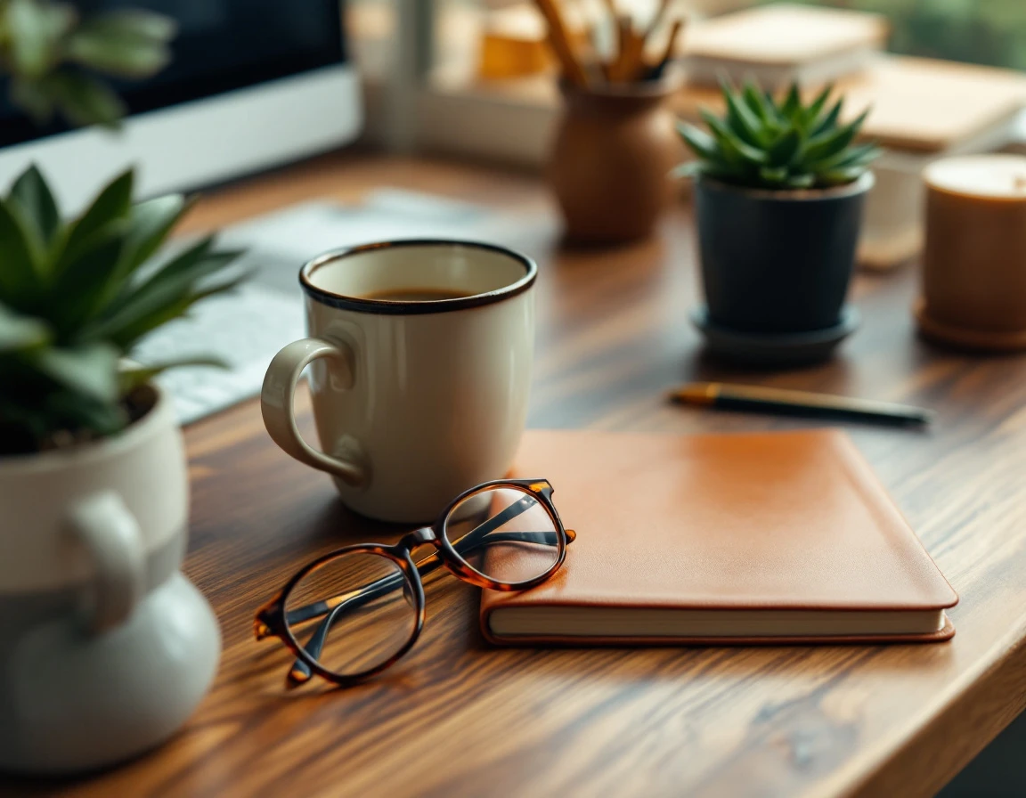 Warm wooden desk with coffee, glasses, and closed notebook in professional workspace setting
