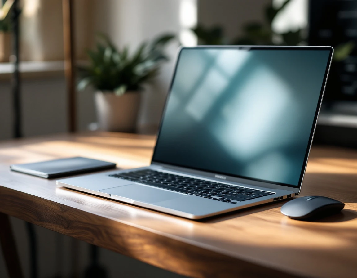 Laptop workspace with blurred screen showing business tools in natural lighting