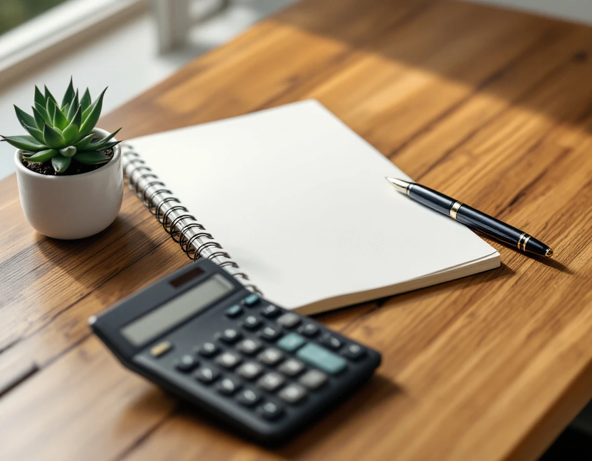 Retirement planning workspace with notebook, calculator, and succulent on wooden desk in natural light