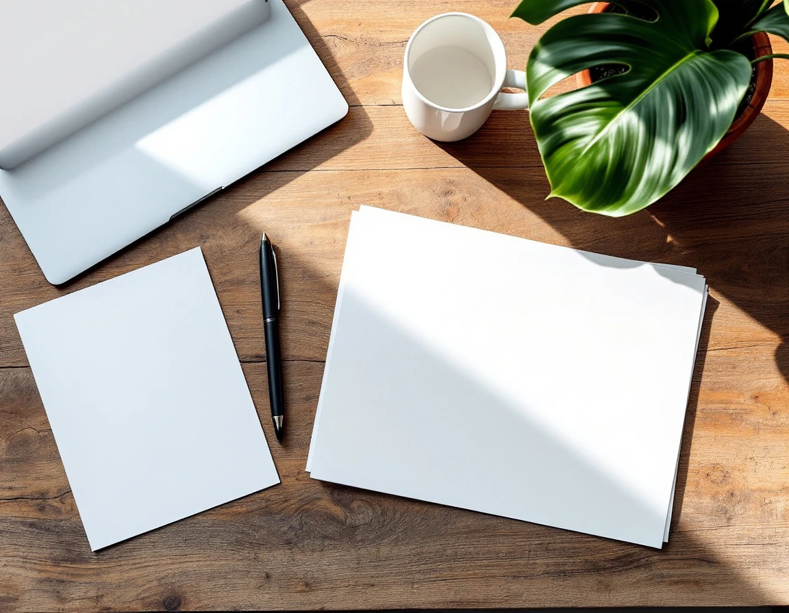 Organized overhead workspace with laptop, blank papers, and coffee mug for small business tax preparation