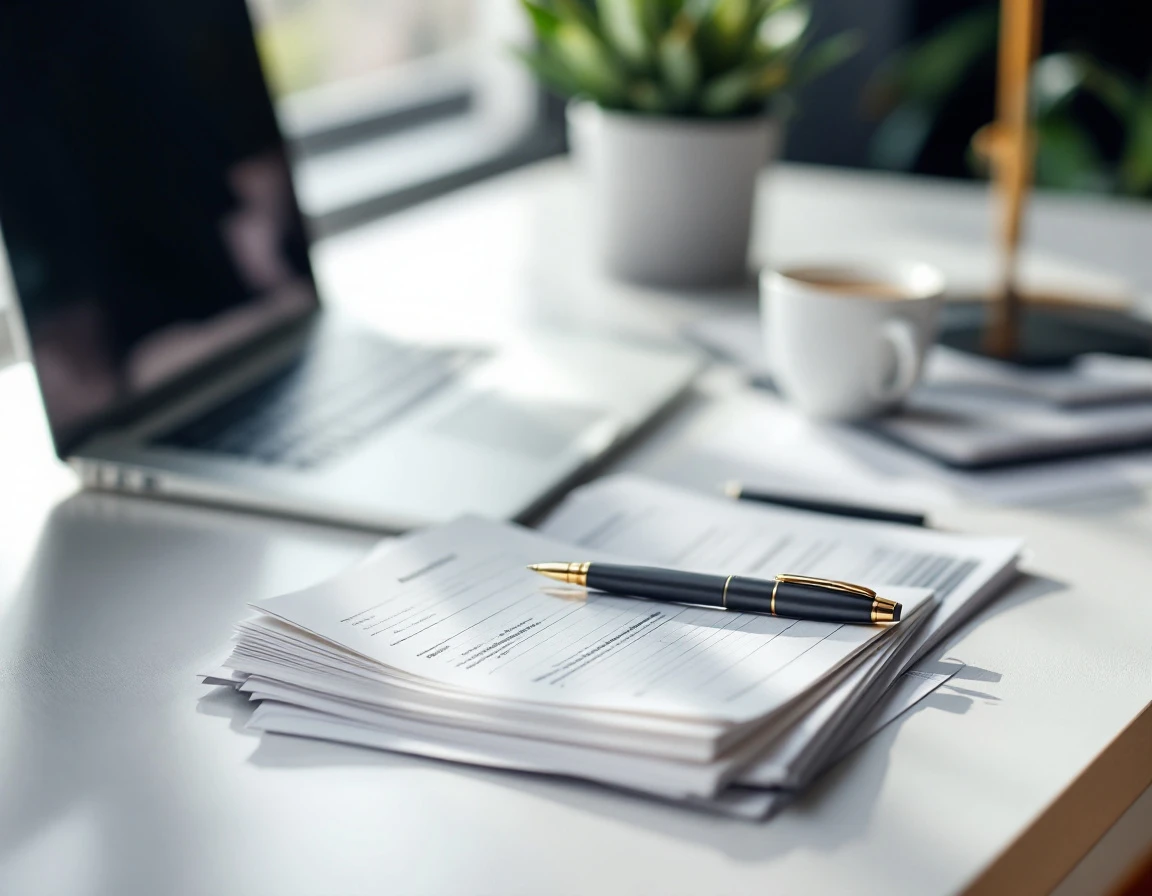 Clean modern desk workspace with laptop, financial documents, and coffee cup under natural daylight