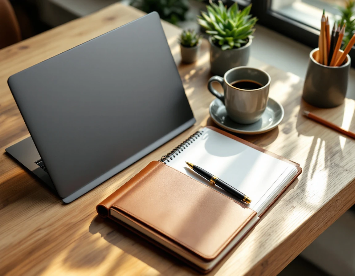 Organized small business workspace with closed laptop, notebook, coffee, and desk accessories in natural lighting