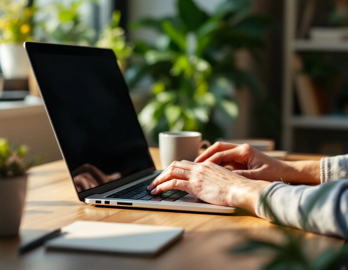 Hands typing on laptop keyboard at small business office desk with coffee mug and notebook
