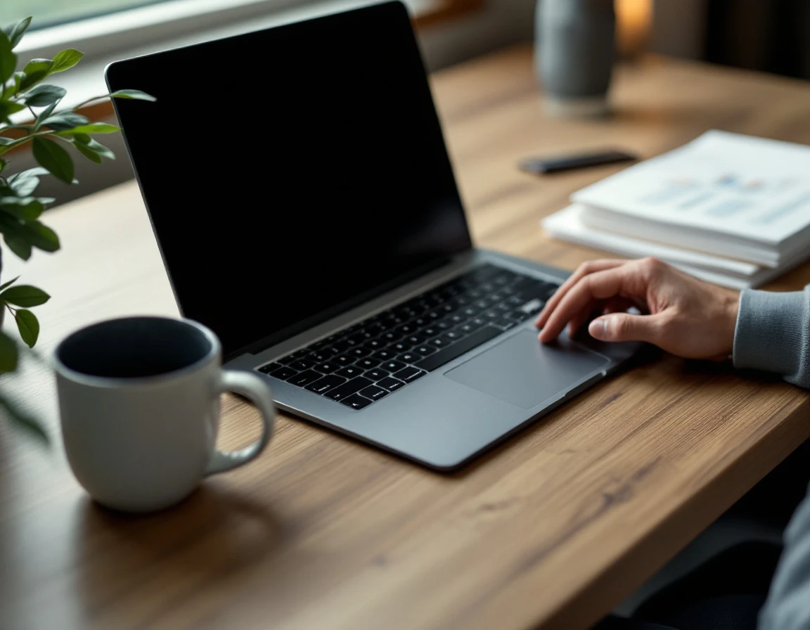 Office desk with laptop, coffee, and paperwork in small business workspace setting