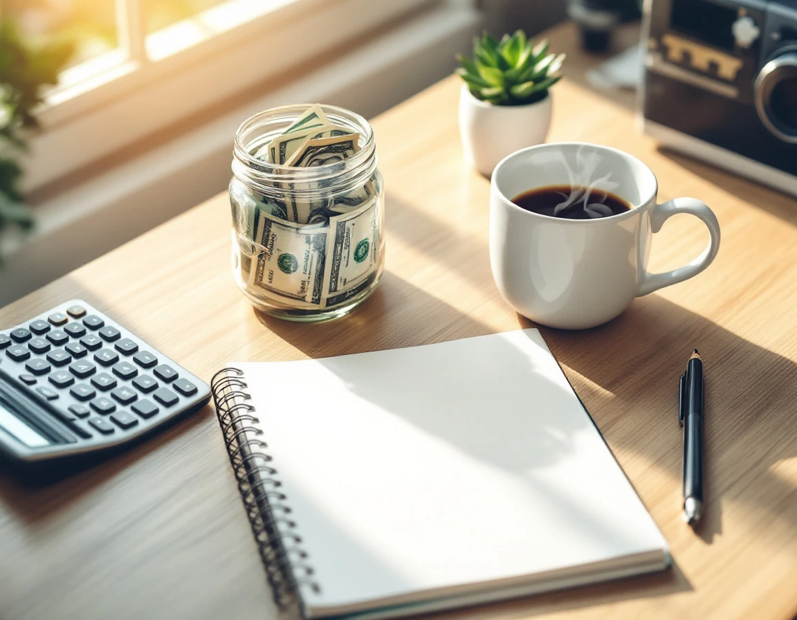 Organized desk workspace with money jar, calculator, coffee, and notebook representing financial wellness