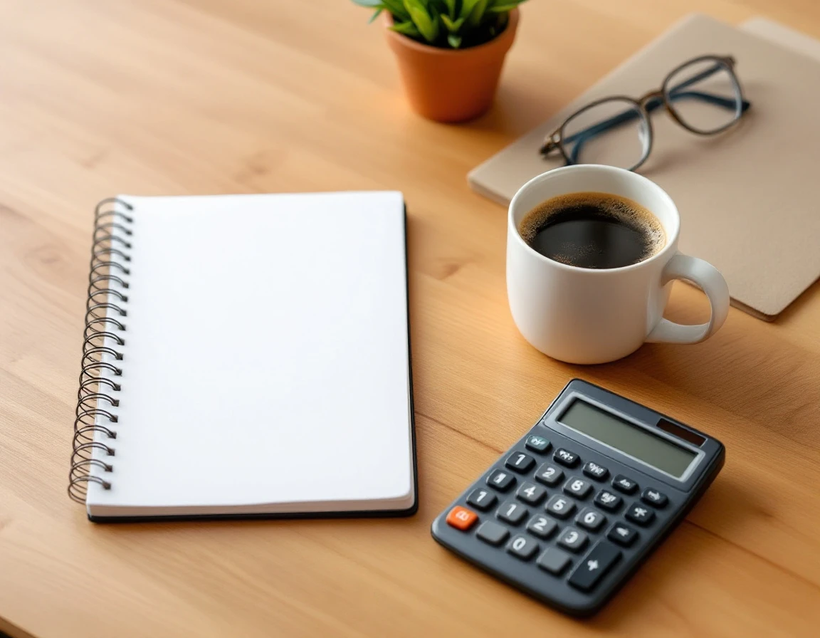 Organized wooden desk workspace with blank notebook, calculator, and coffee mug for financial planning