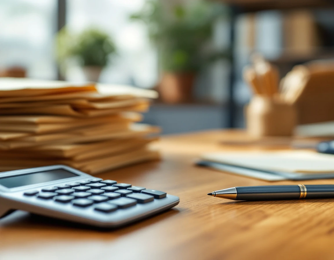 Calculator and pen on wooden desk with blurred payroll documents in background