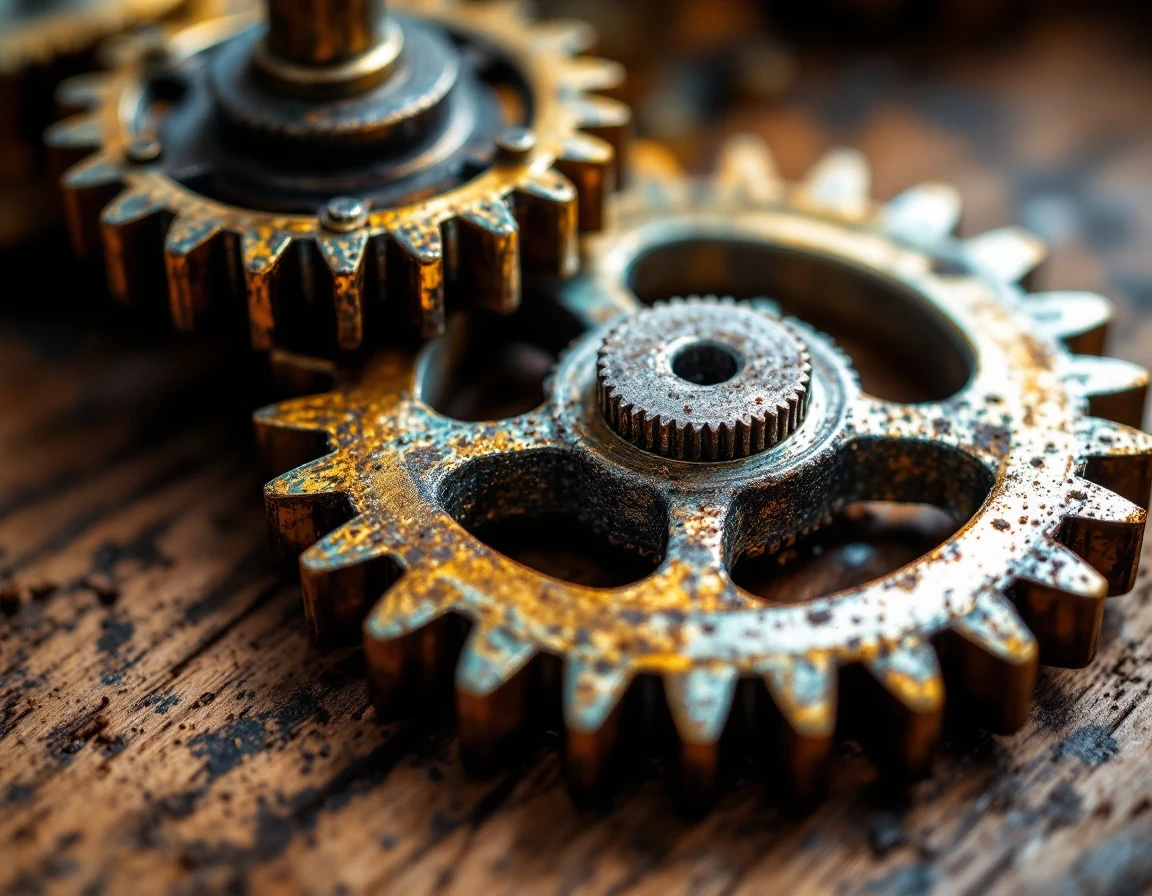 Interlocking brass and steel gears with natural patina showing sustainable business automation mechanisms