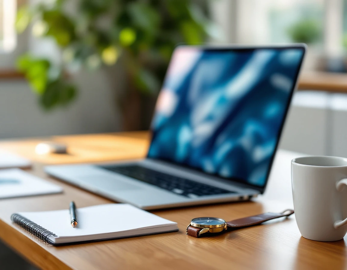 Laptop and workspace essentials on wooden desk with natural lighting in modern small business office setting