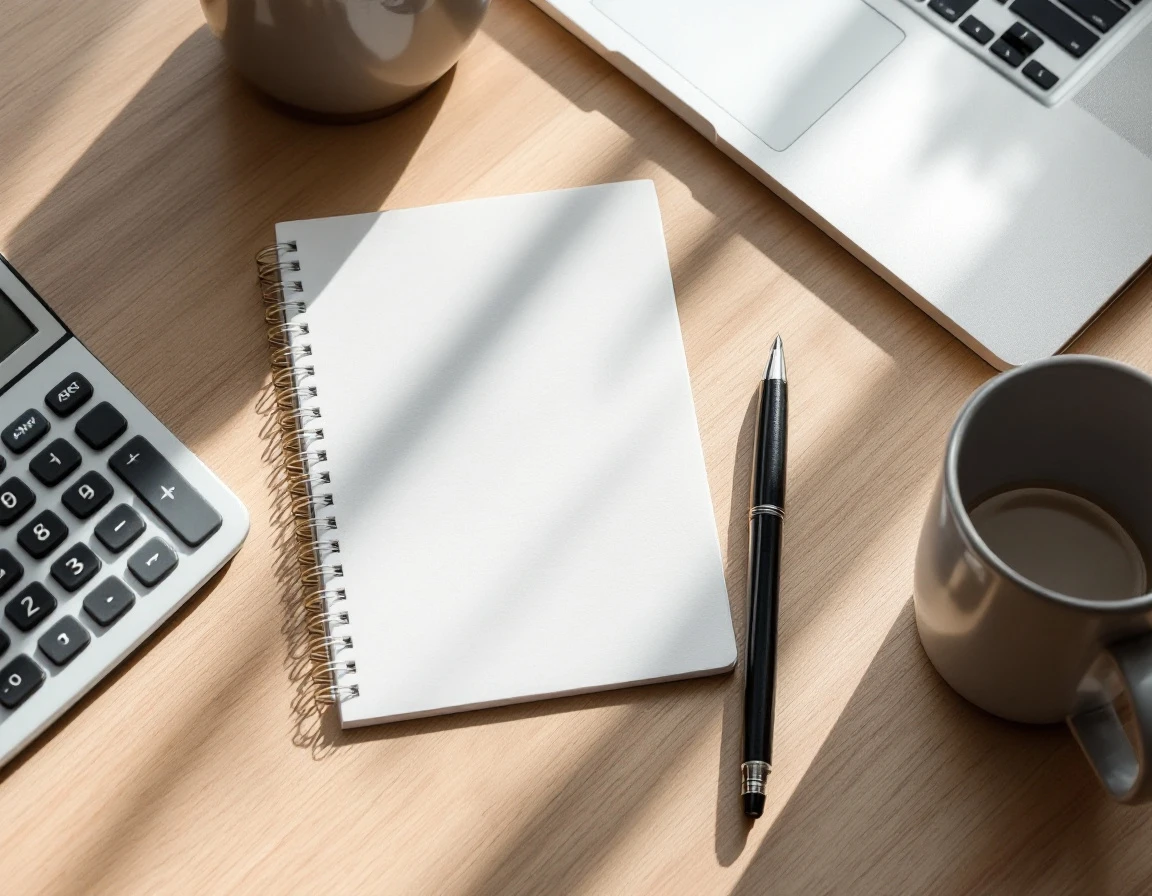 Organized desk workspace with calculator, notepad, and coffee mug for small business financial planning