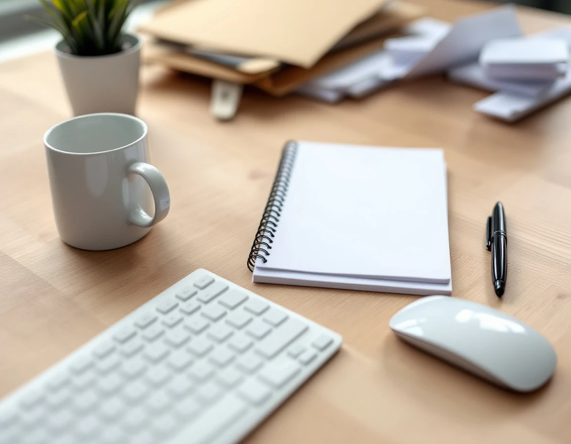Professional desk workspace with calculator, keyboard, and coffee mug for payroll processing