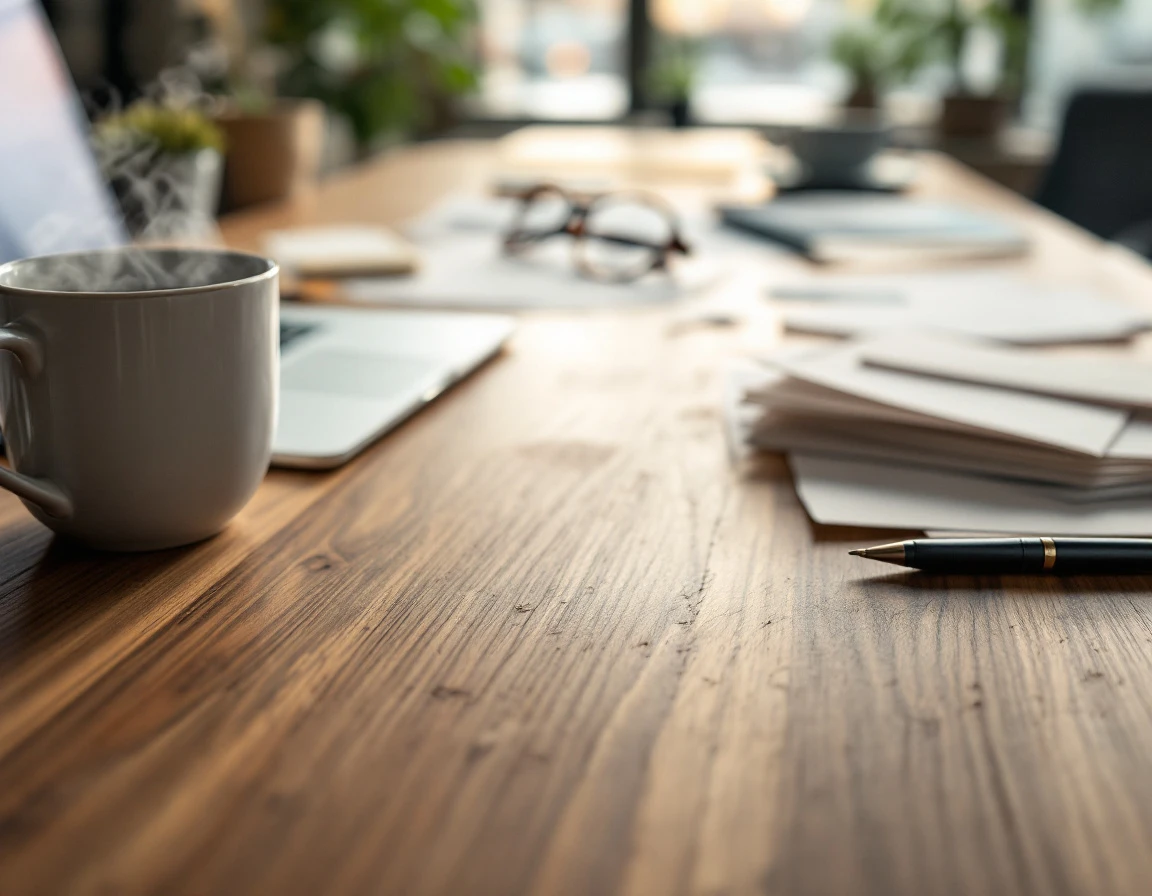 Wooden office desk with coffee mug, laptop, glasses, and blurred payroll paperwork in natural window light