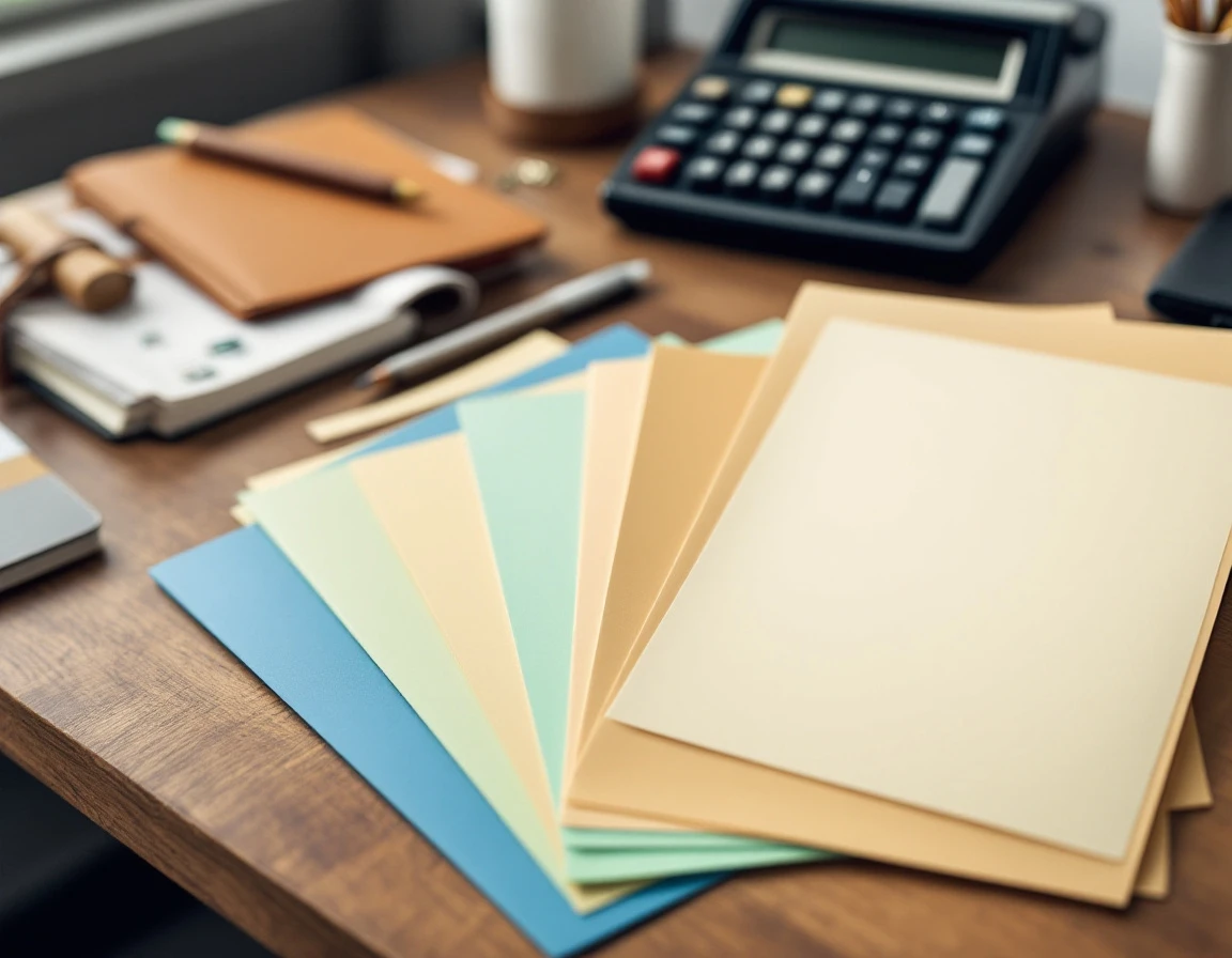 Desk workspace with calculator, colorful folders, and office supplies for multi-state payroll processing