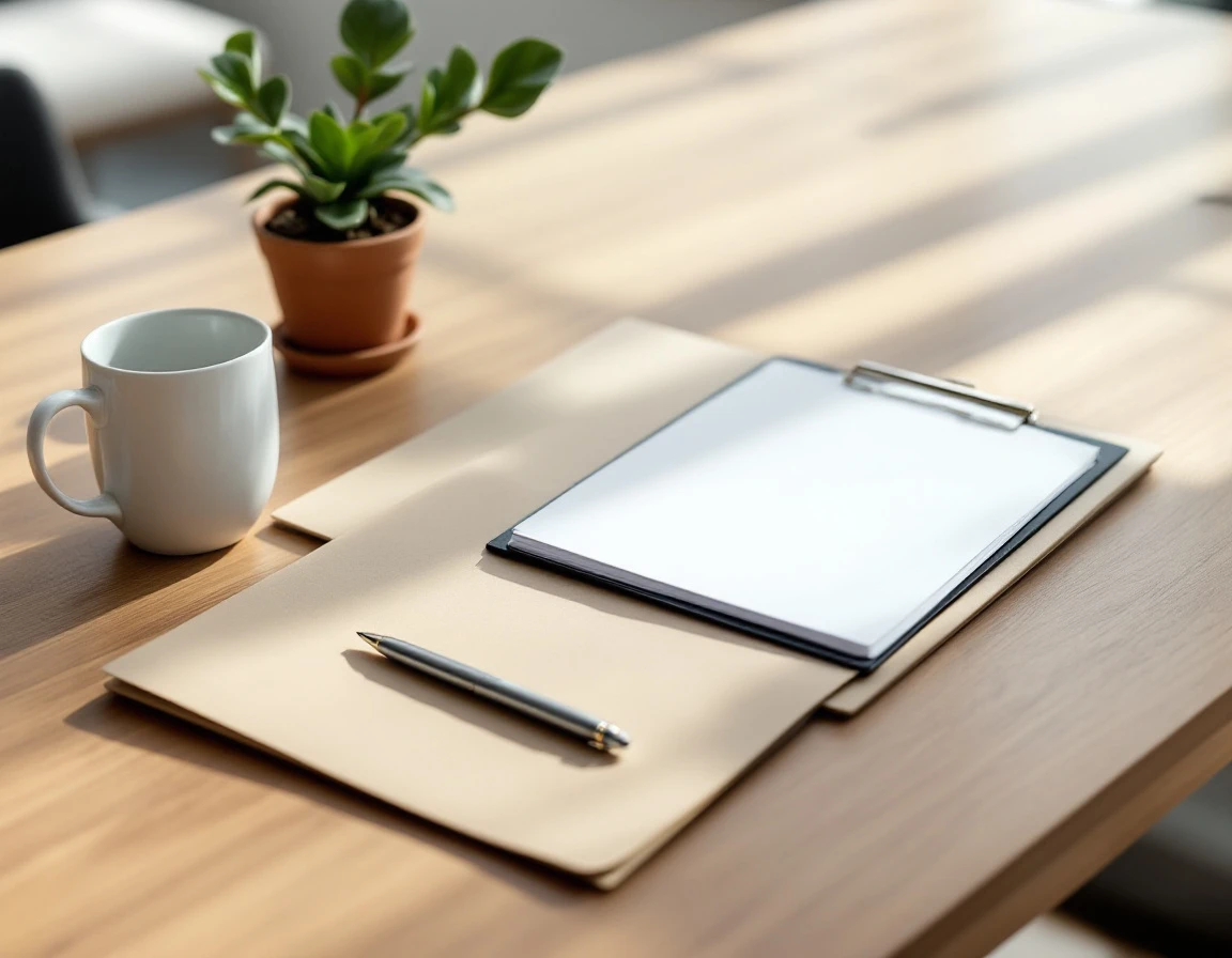 Organized desk workspace with blank notepad, coffee, and office supplies for HR compliance documentation