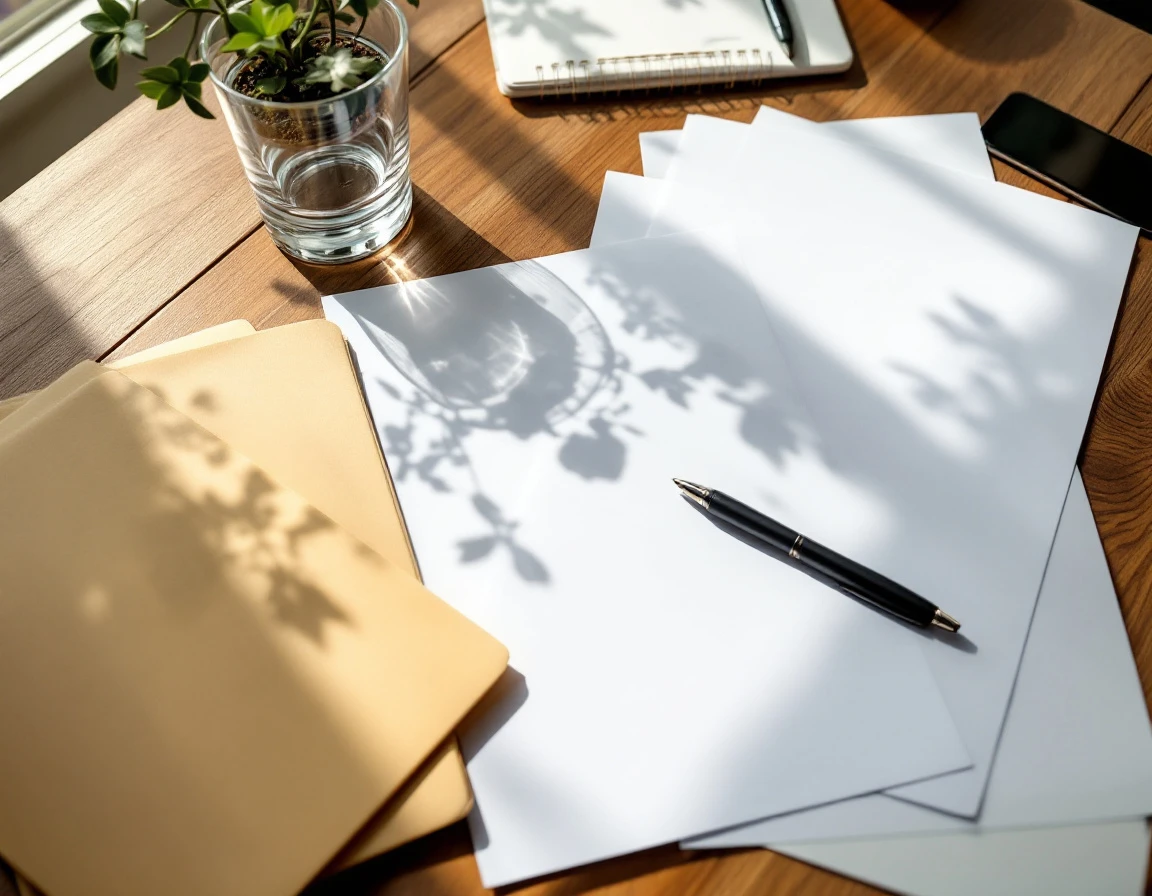 Blank onboarding paperwork and office supplies arranged on wooden desk in natural afternoon light