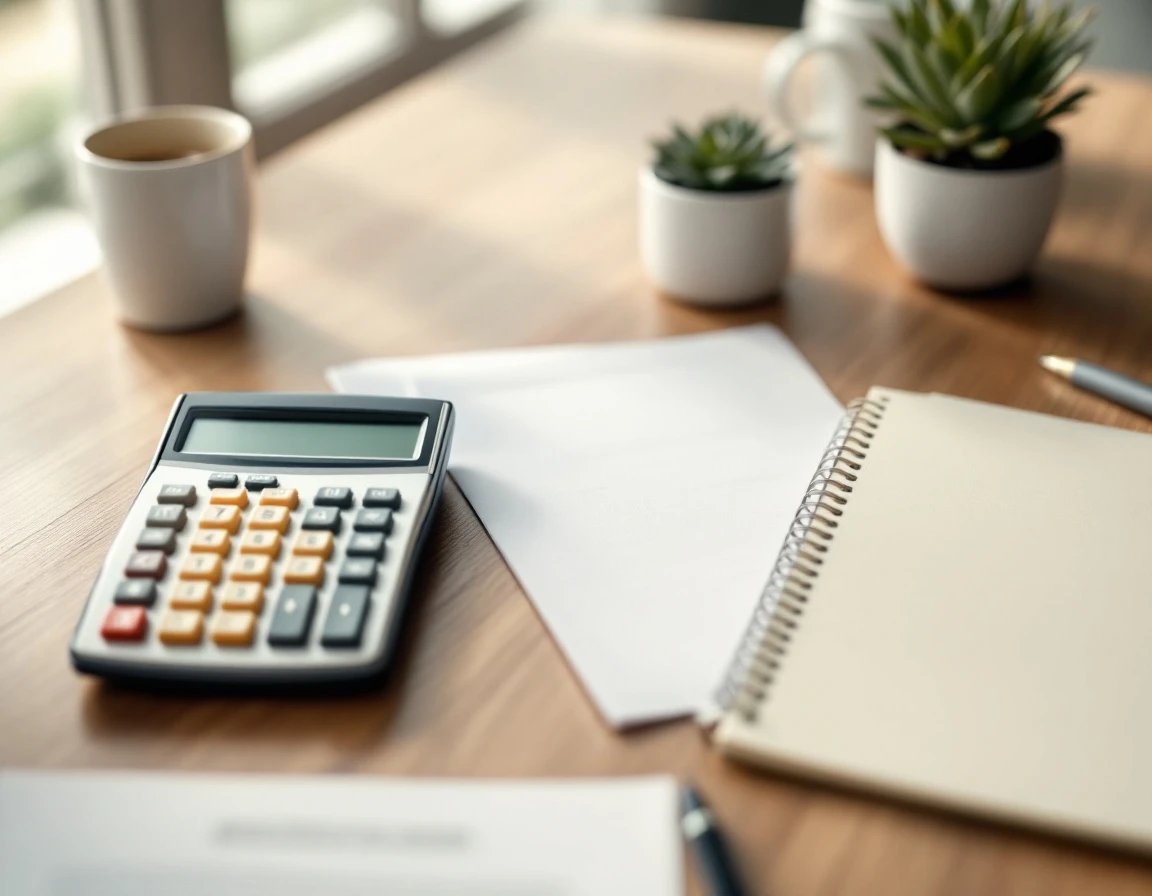 Organized desk workspace with calculator and notepad for third-quarter payroll tax preparation