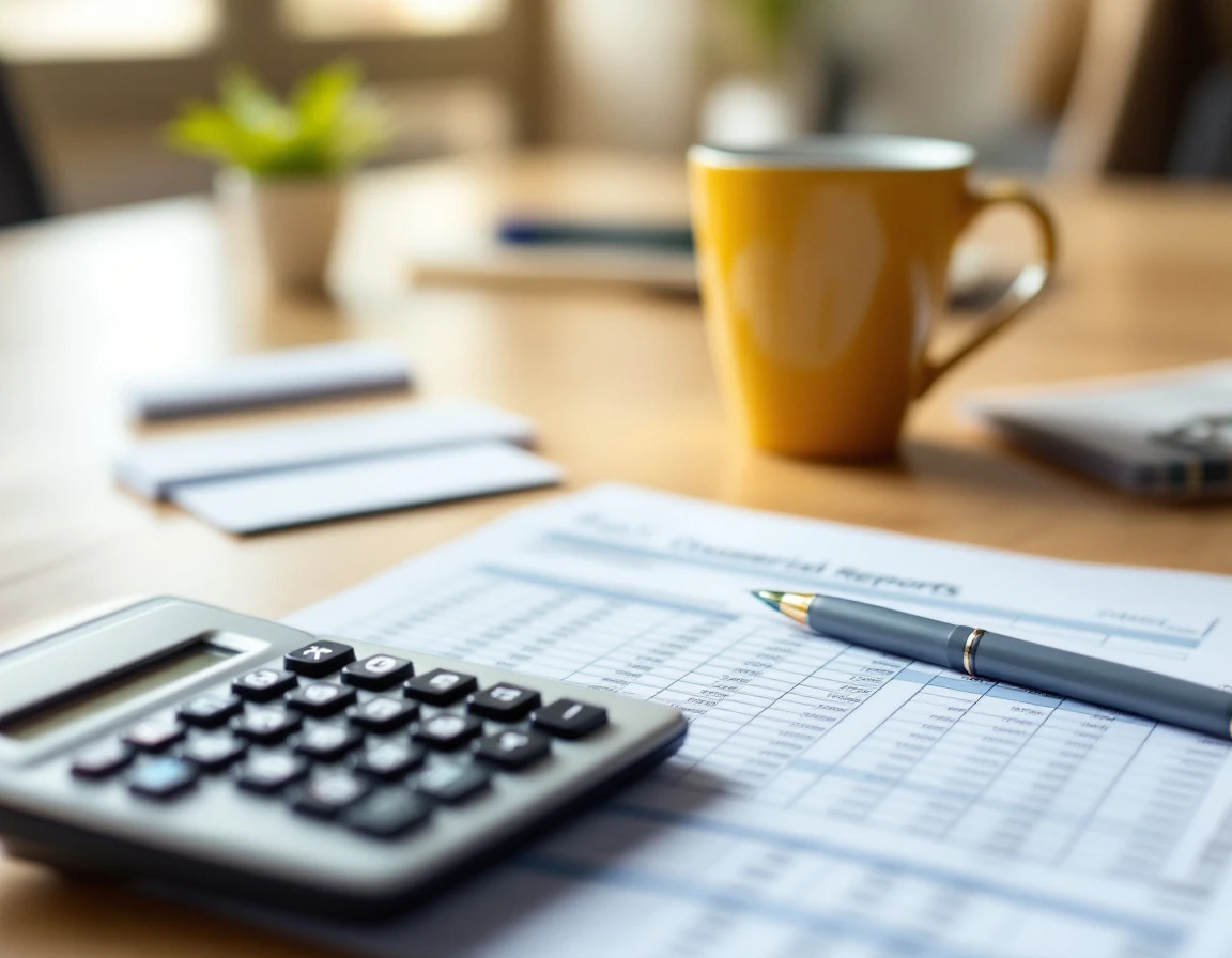 Organized accounting desk with quarterly tax forms, calculator, and coffee during filing preparation