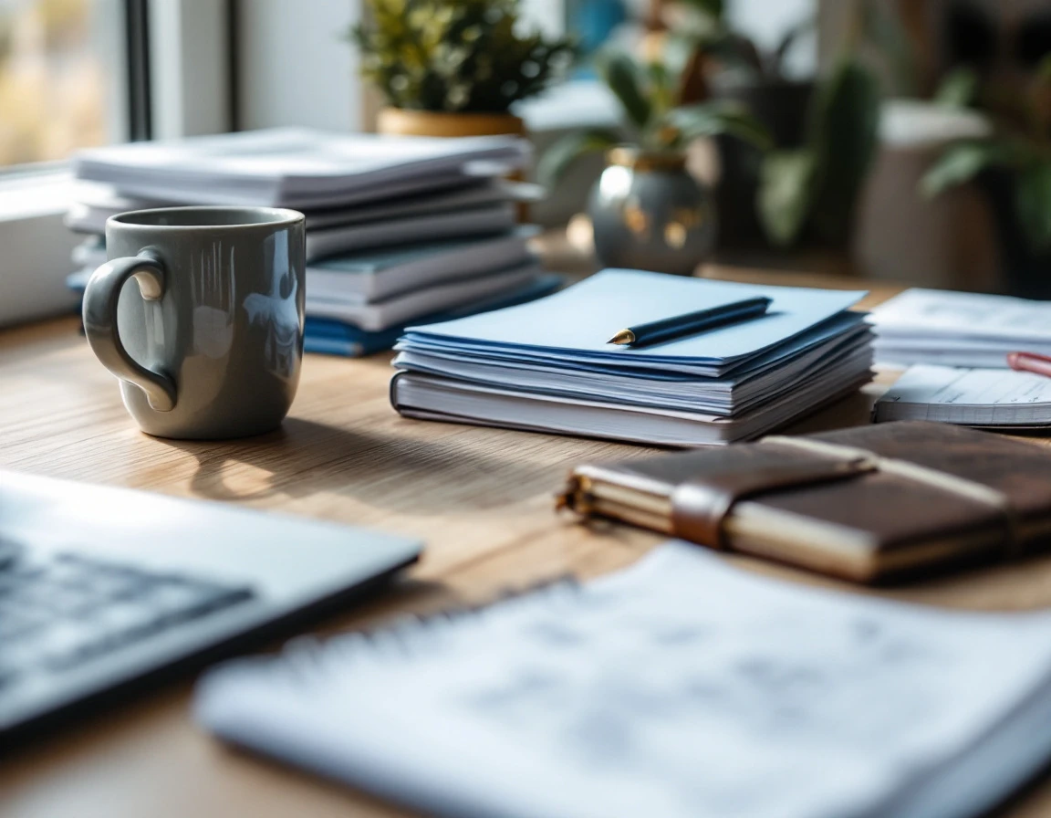 Organized desk workspace with calculator and payroll folders ready for infrastructure audit