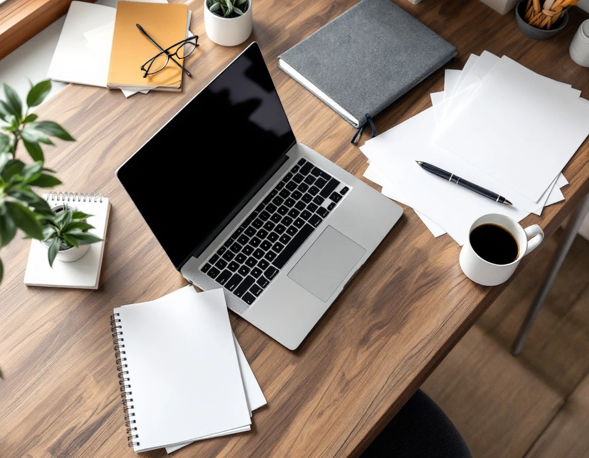Clean office desk with blank papers, laptop, and coffee mug representing compliant hiring documentation workspace