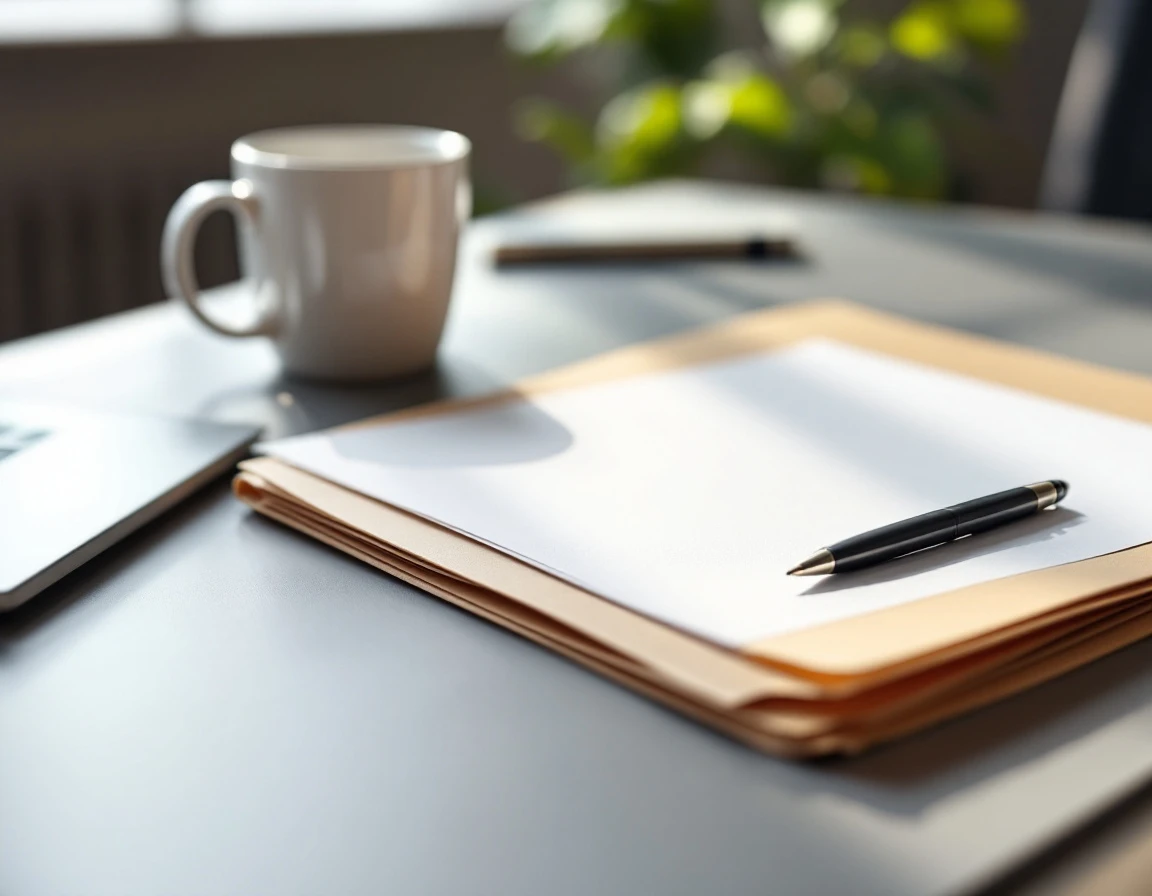 Clean HR documentation folder with pen on office desk representing compliant pre-employment questionnaire preparation