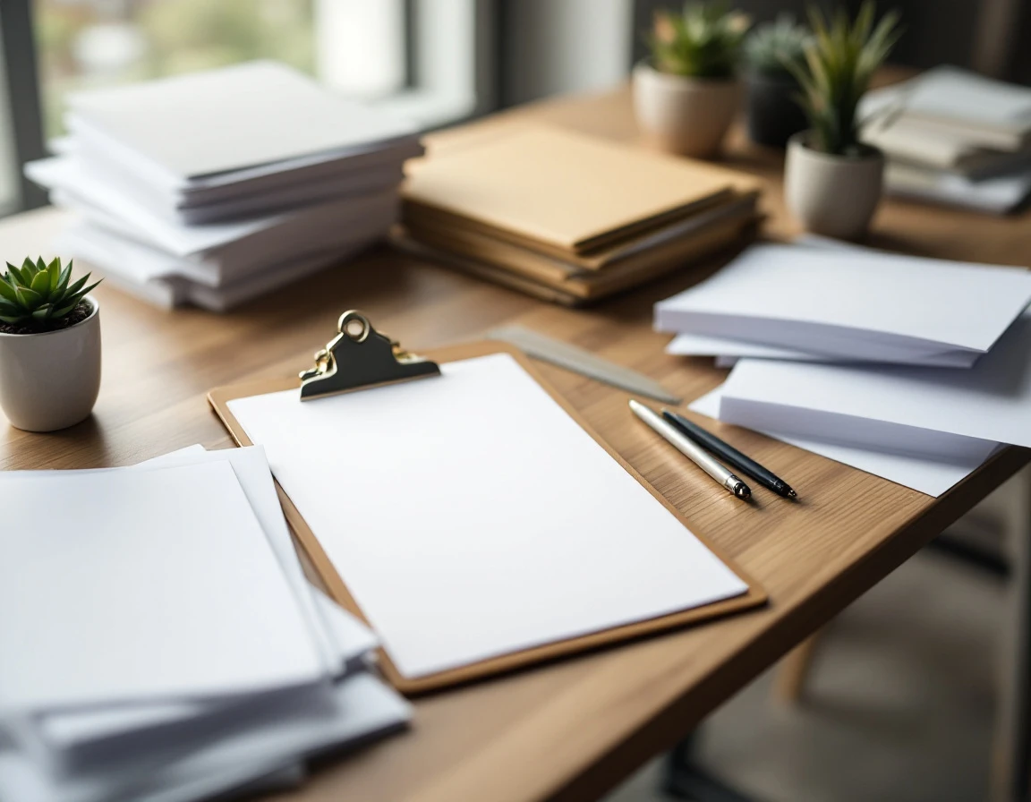 Organized office desk with blank documents, folders, and pens representing structured HR compliance documentation