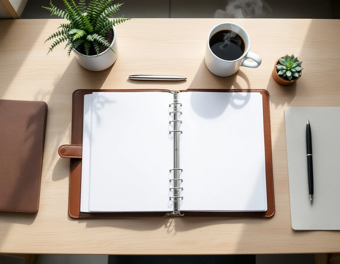 Clean office desk with blank binder, pen, and coffee mug arranged for compliance documentation review