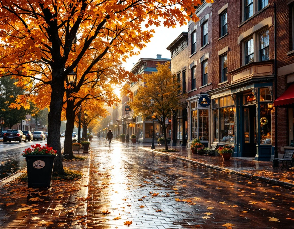 Autumn street scene in Wisconsin small-business district with historic brick buildings and fall foliage