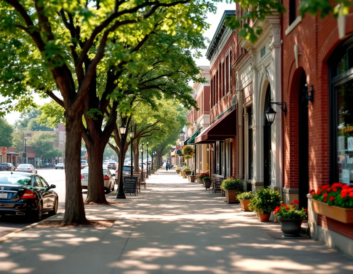 Tree-lined Main Street in a historic Wisconsin downtown district with characteristic red brick storefronts