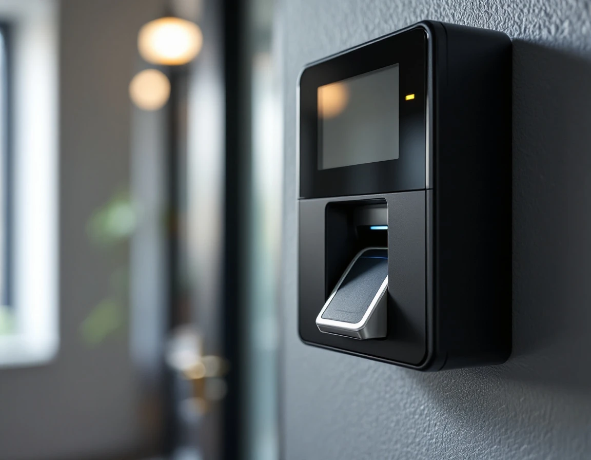 Biometric time clock scanner mounted on office wall for employee verification