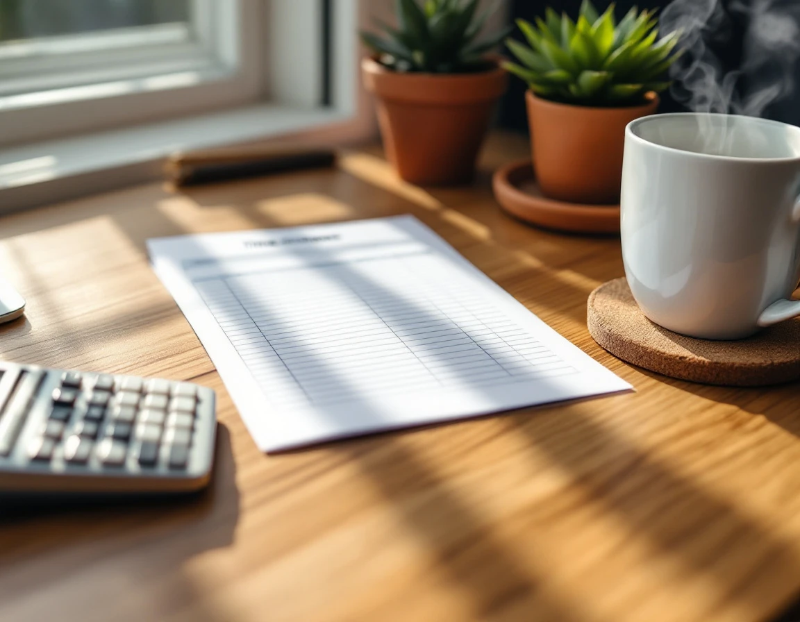 Close-up of time tracking paperwork on wooden desk with calculator, coffee mug, and office accessories