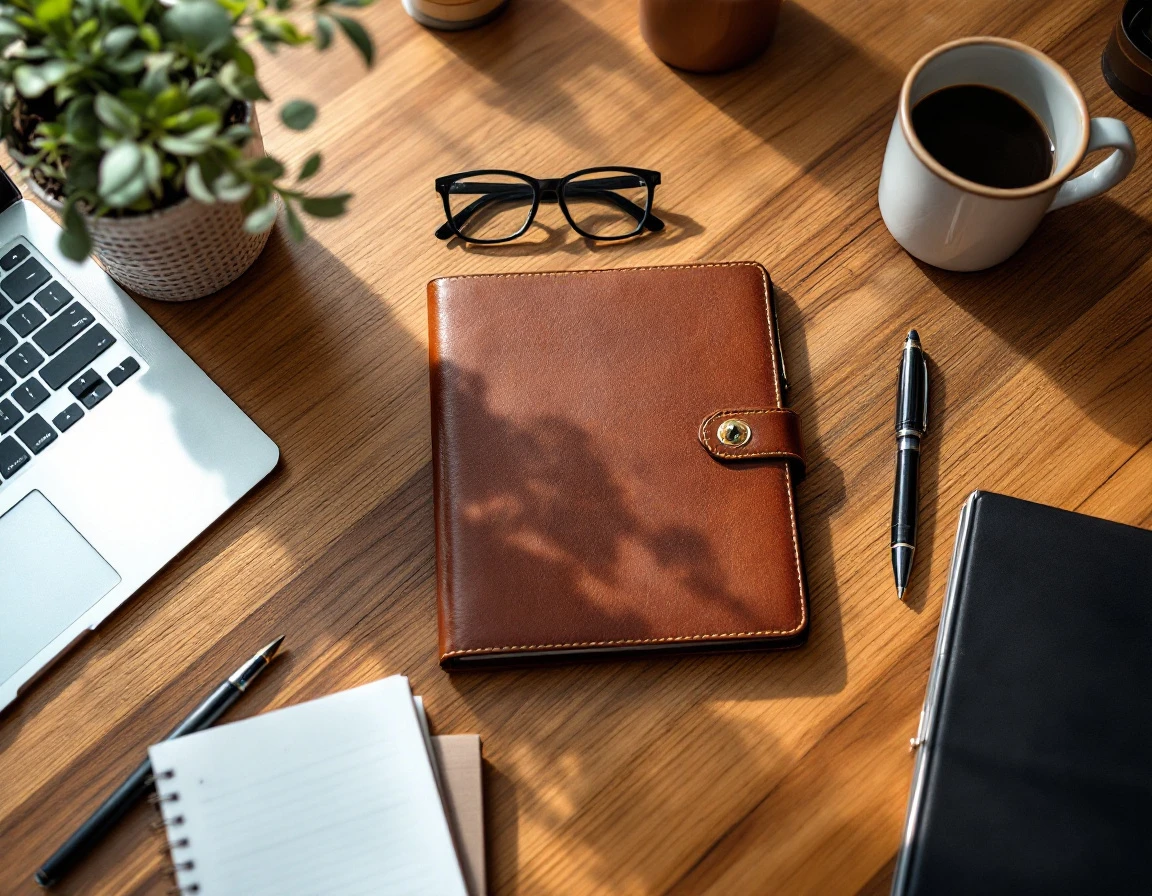 Organized small business desk with planner and coffee suggesting systematic delegation and efficient processes