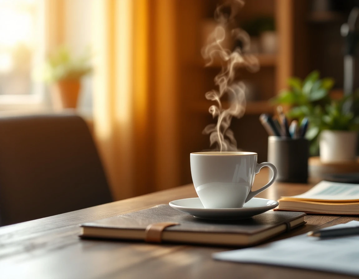 Organized small business desk with coffee and blurred documents in morning light