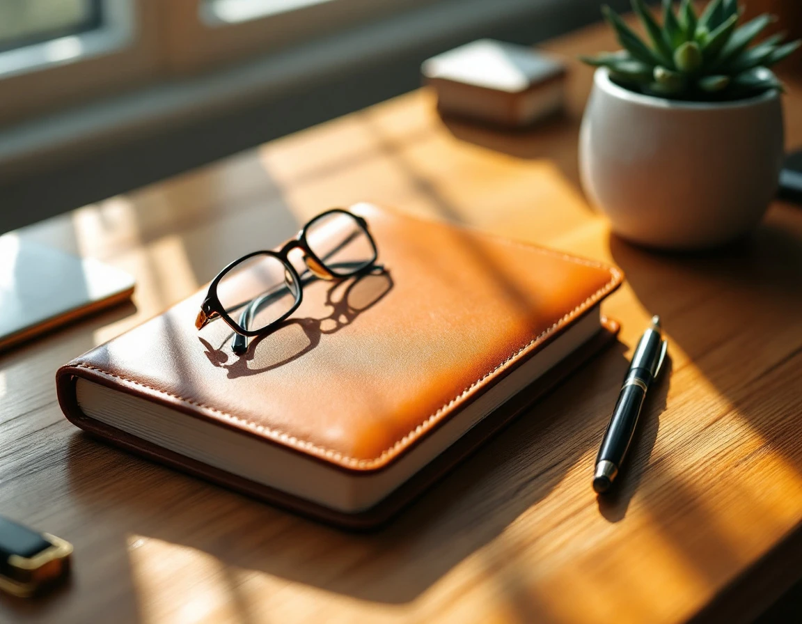 Organized business planner with office supplies on wooden desk suggesting systematic HR and payroll management