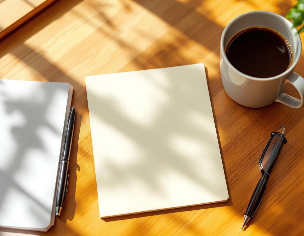 Wooden desk with blank notepad, pen, reading glasses, and coffee mug in natural afternoon light