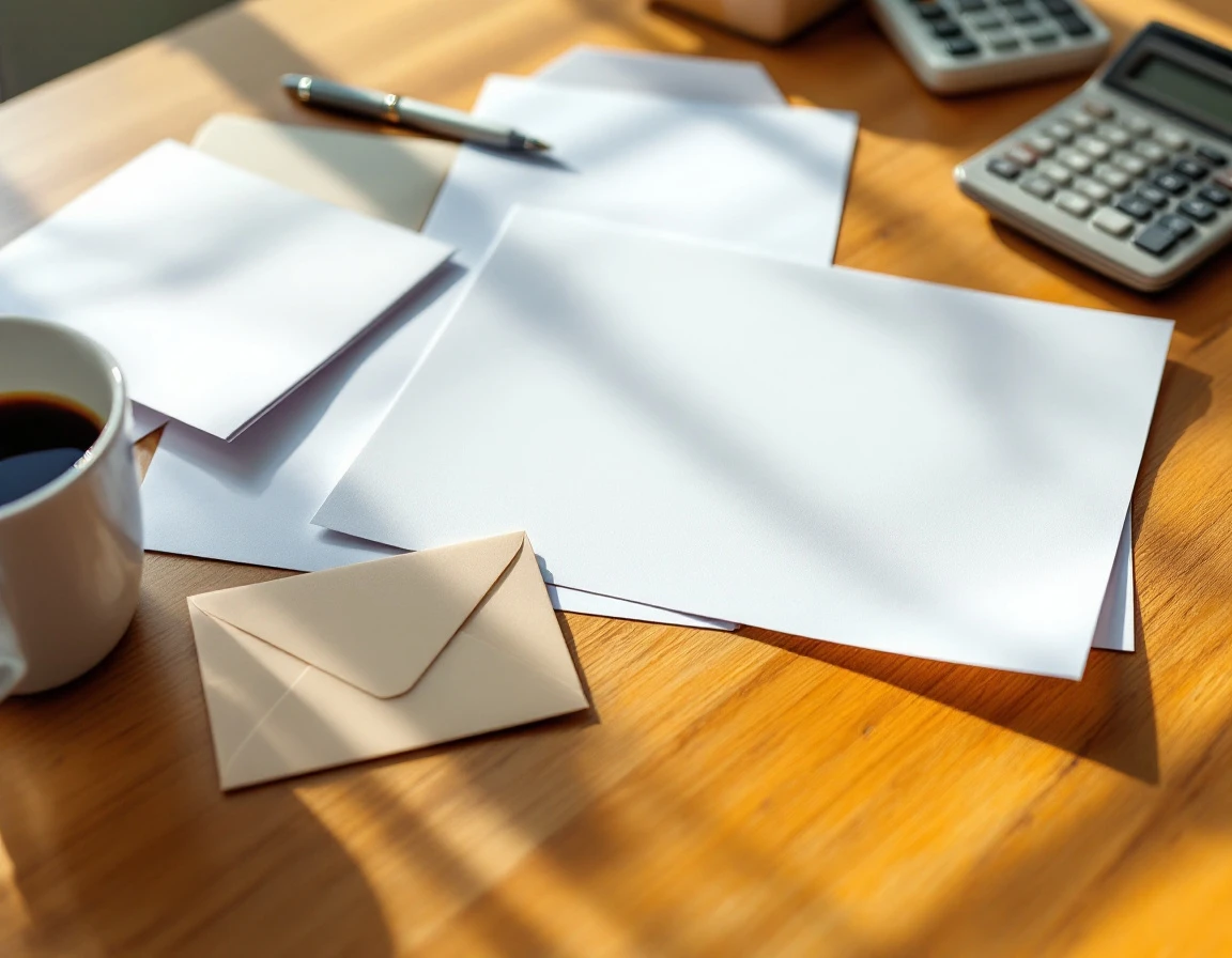 Blank enrollment forms on desk with coffee mug, pen, and calculator in natural window light