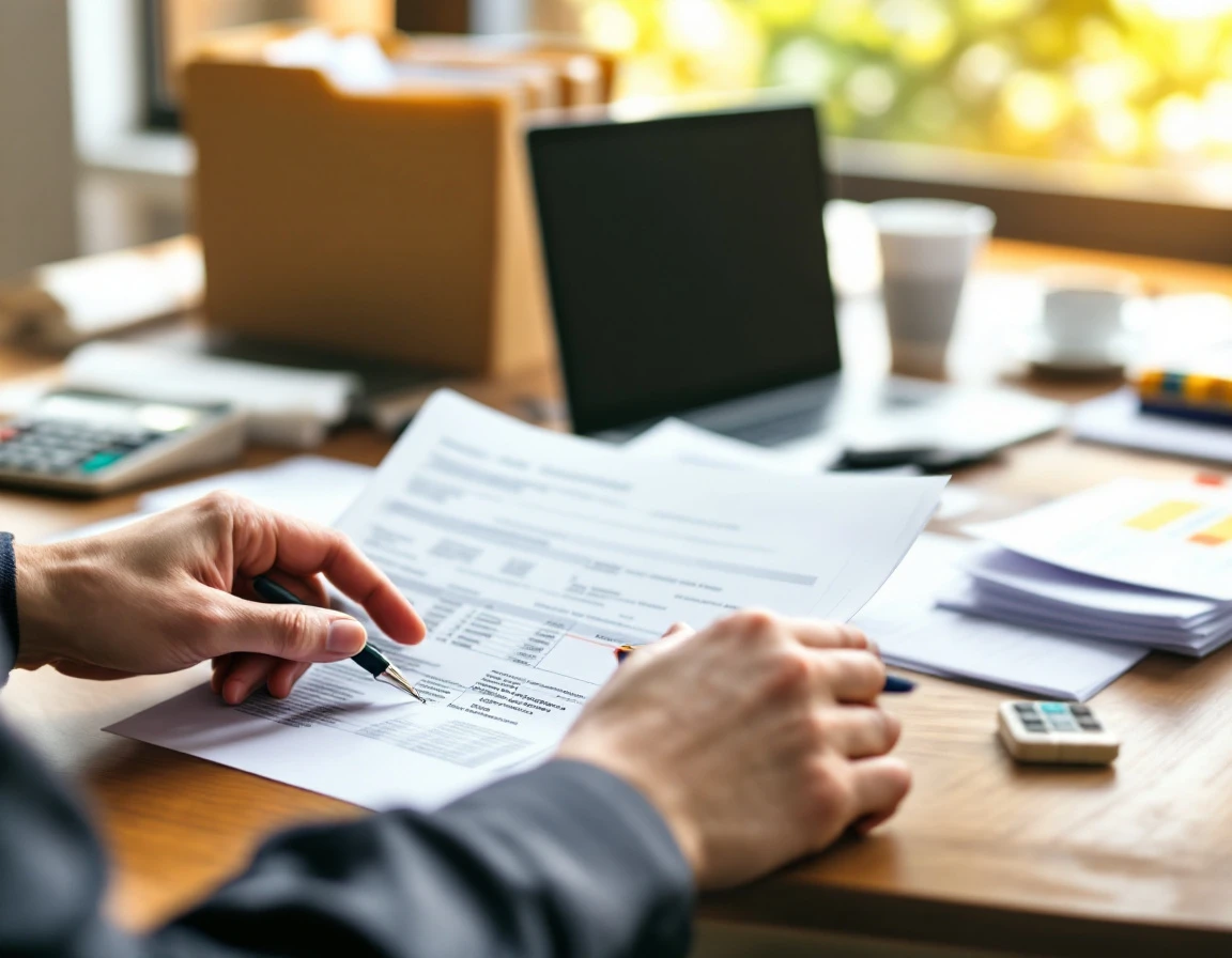 HR administrator reviewing blurred benefits documents and calculator during open enrollment verification