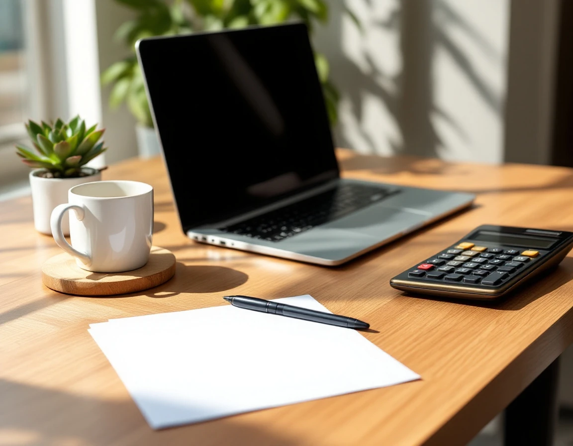 Business desk with closed laptop, calculator, and financial planning materials in natural afternoon light