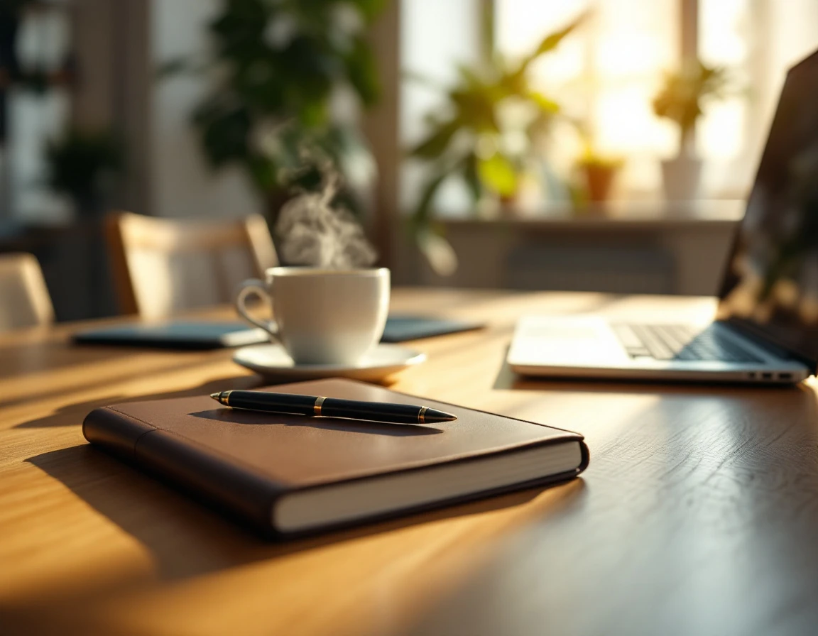 Clean, organized small business desk with coffee and notebook in natural morning light