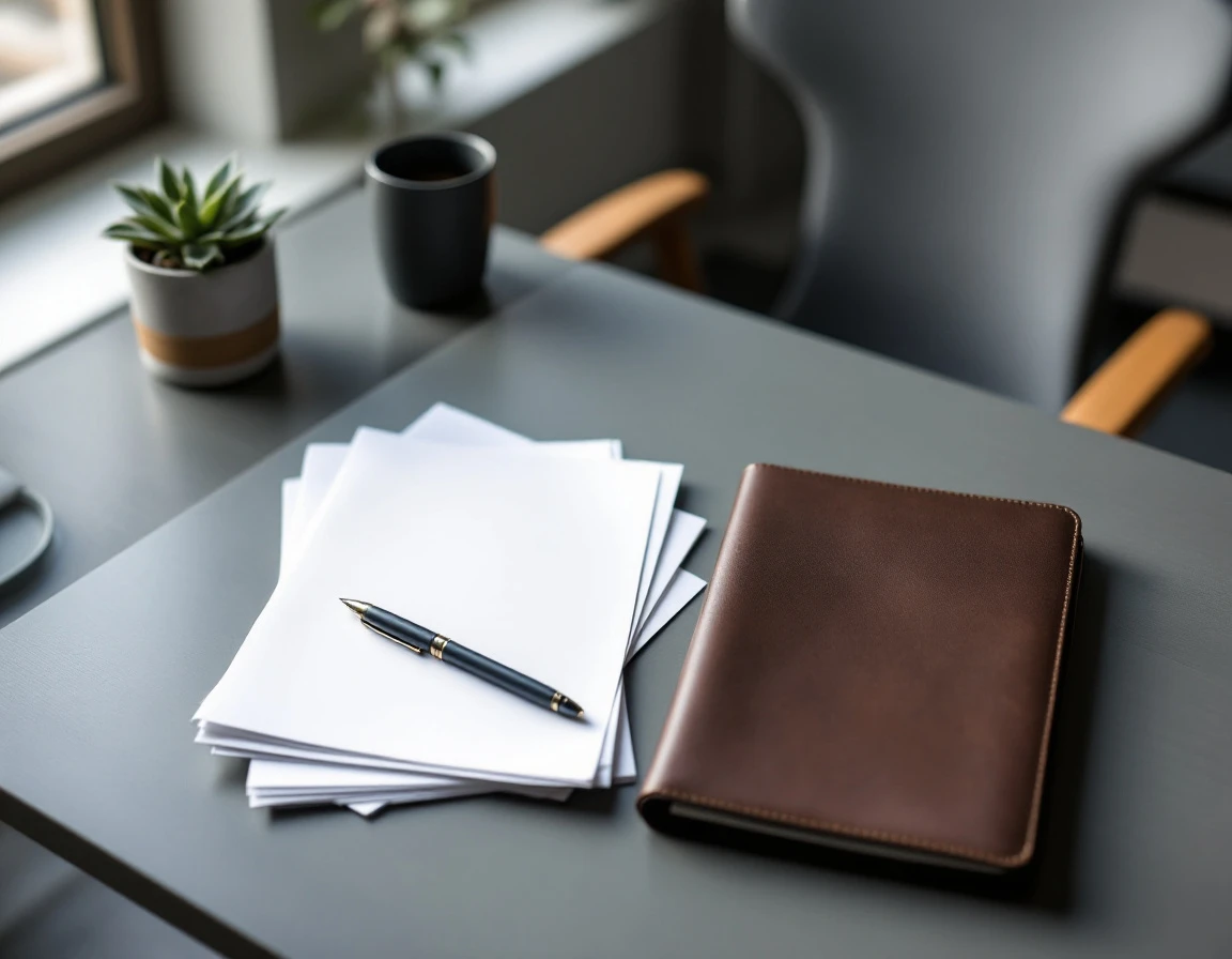 Empty office desk with pen and blank papers suggesting recent employee departure