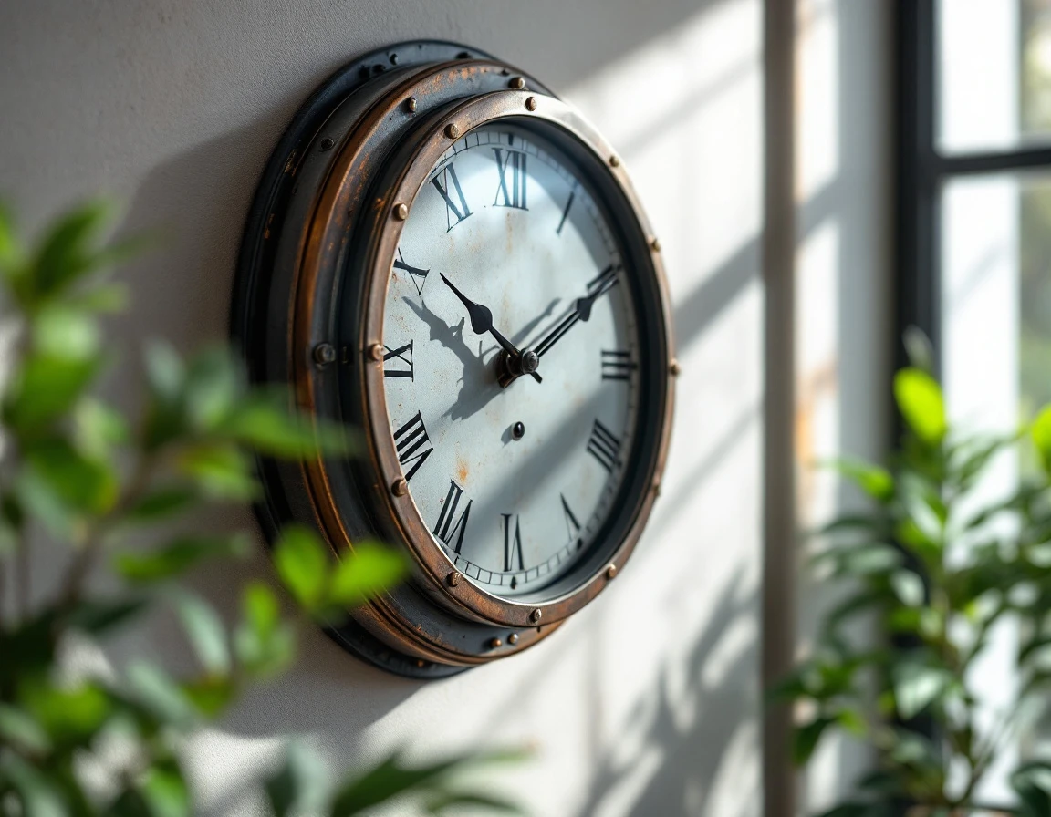 Vintage industrial punch clock with weathered metal finish in modern office setting with natural window light