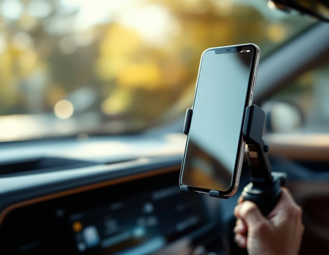 Smartphone mounted in car dashboard showing time tracking app interface for field employee geolocation