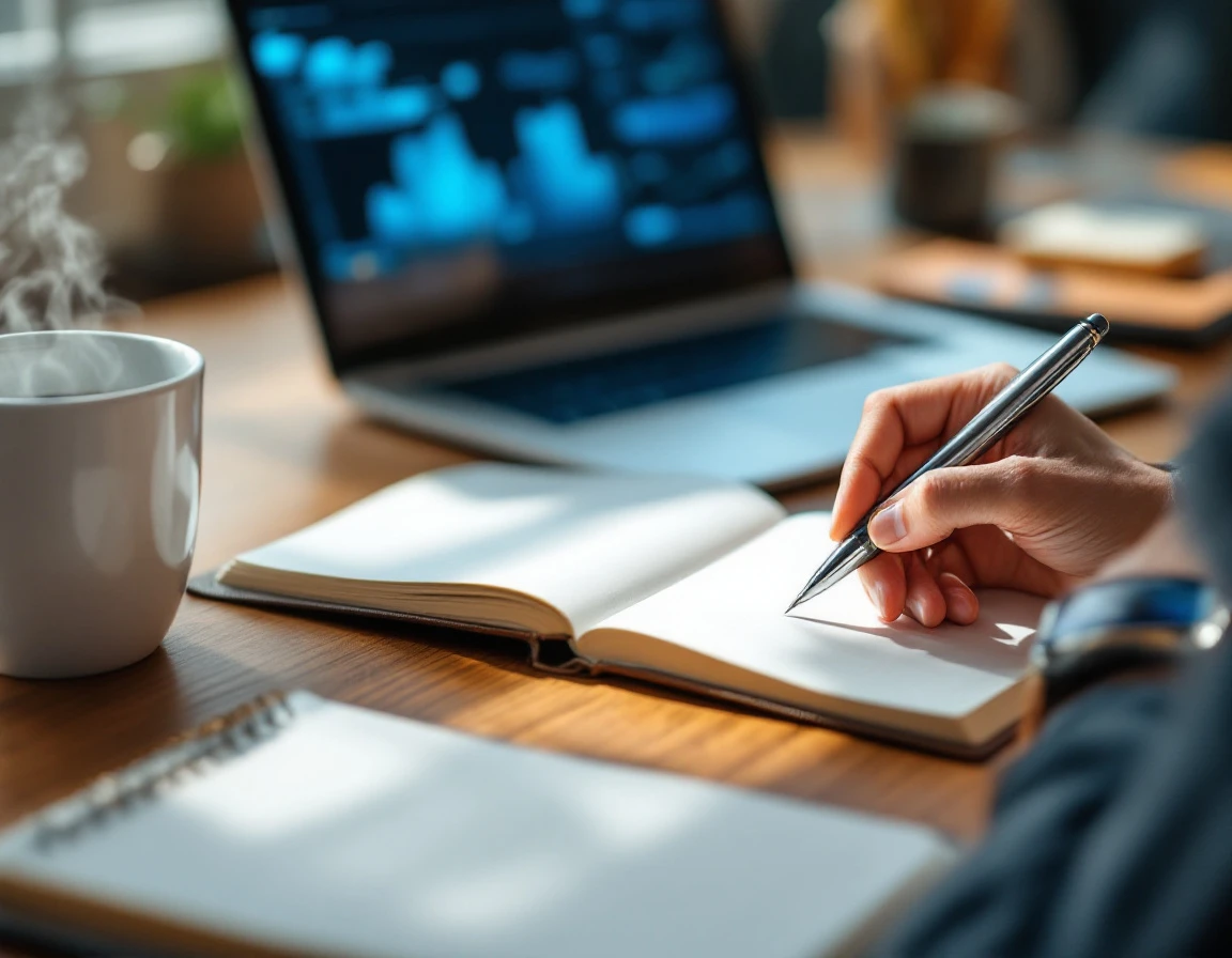 Professional hand with pen at modern desk with laptop, notepad, coffee, and smartwatch for time tracking