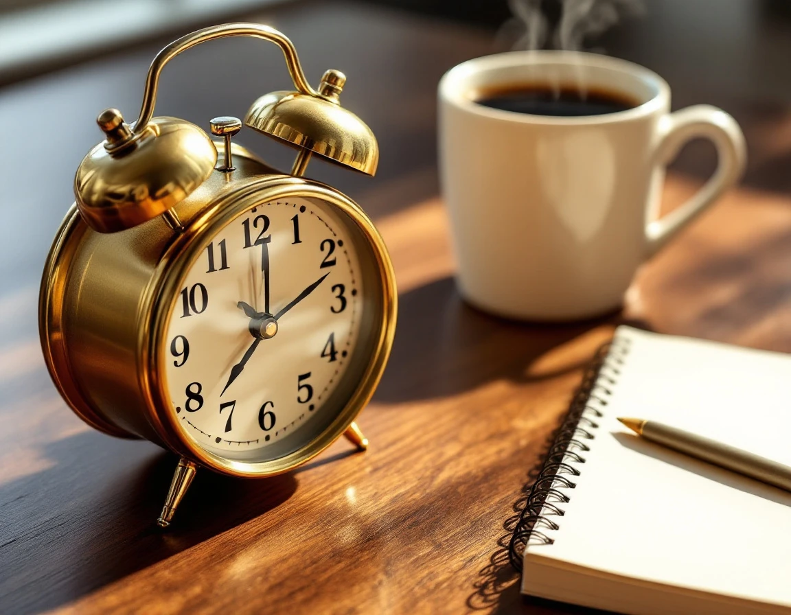 Brass alarm clock and coffee mug on wooden desk representing early morning overtime scheduling