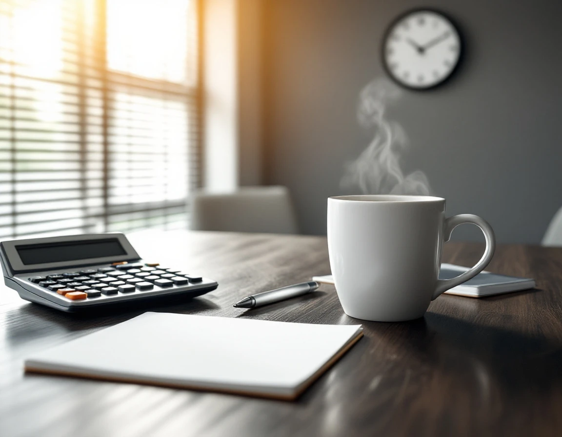 Office desk with calculator and coffee showing overtime planning workspace without readable documents