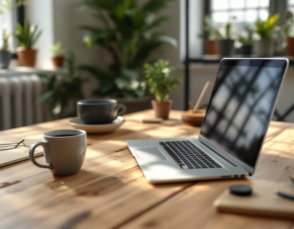 Laptop on wooden desk with natural lighting and plants in modern small business office