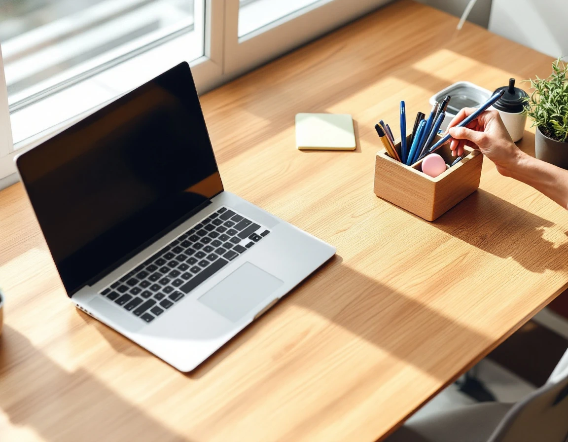 Organized desk with laptop and minimal supplies showing streamlined workspace