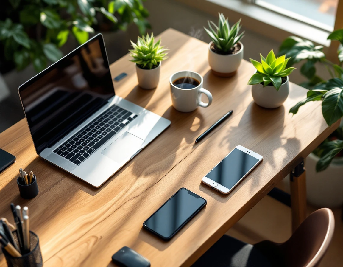 Clean minimalist desk workspace with laptop, plants, coffee mug, and organizational tools arranged on wooden surface
