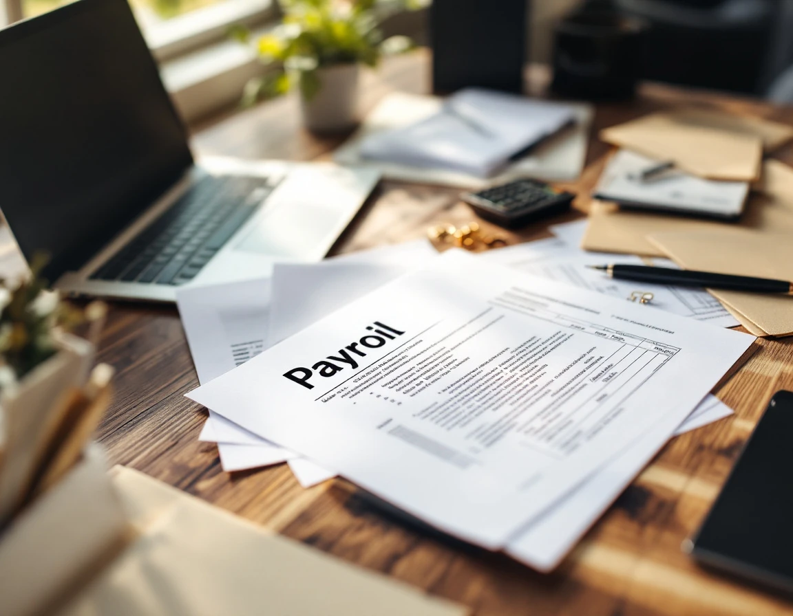 Payroll paperwork and calculator on office desk representing garnishment processing documentation